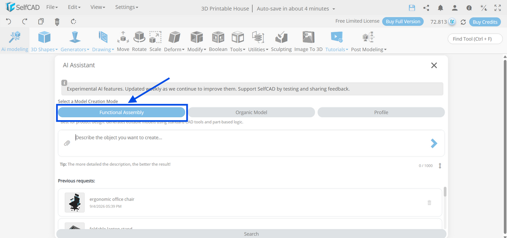 SelfCAD AI Assistant modal dialog highlighting the Functional Assembly mode option