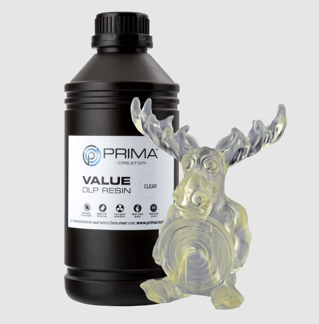 A bottle of Prima Creator Value UV Resin next to a clear, translucent 3D-printed moose figure.