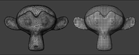 Comparison of Blender Suzanne monkey head with dense mesh versus clean quad remesh