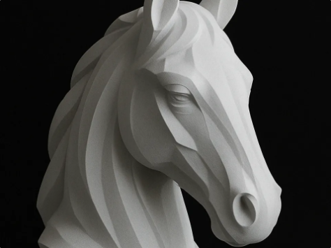 A stylized, white 3D-printed horse head sculpture with smooth, geometric curves.  