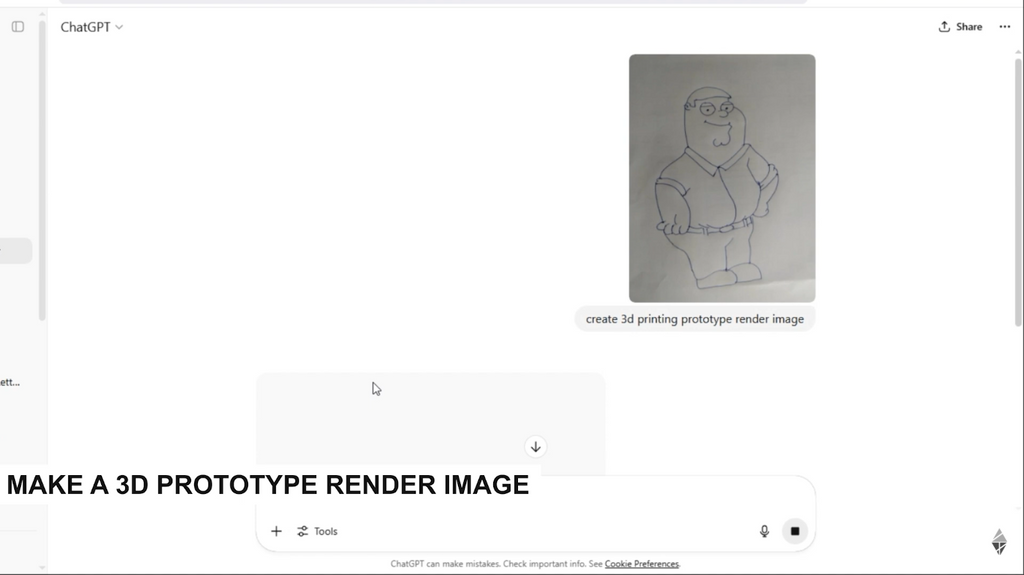Using ChatGPT's interface to generate a photorealistic 3D-style prototype render from a simple 2D sketch.