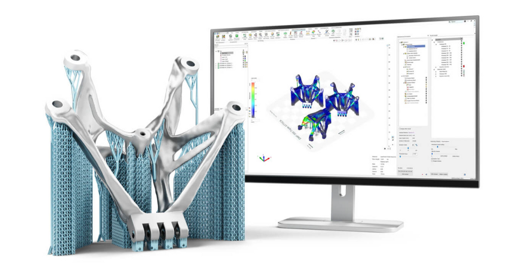 Metal 3D printed part beside a monitor displaying Oqton AI defect detection software