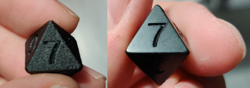 Before and after comparison of a PETG 3D printed die demonstrating the results of post-processing and smoothing techniques