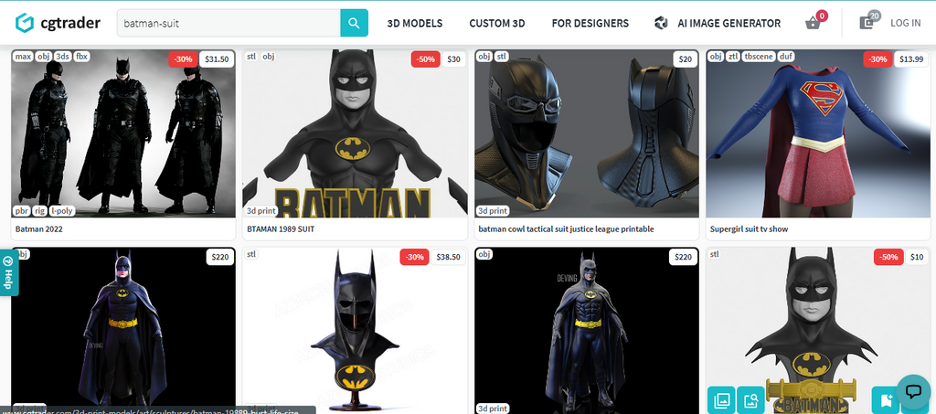 A screenshot of the CGTrader marketplace showing highly detailed 3D models of Batman suits, cowls, and characters