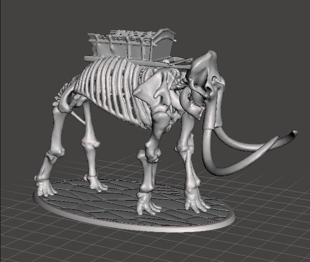 A 3D-rendered model of a woolly mammoth skeleton equipped with warrior-style armor and a mounted carriage on its back.