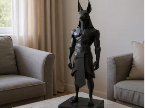 Black minimalist low poly Anubis 3D printed statue.  