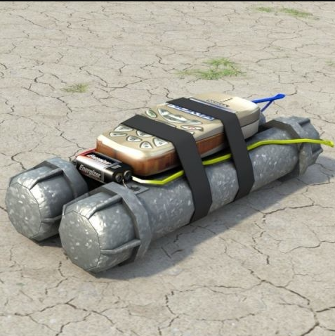 A digital rendering of an improvised explosive device (IED) consisting of metal pipes, a battery, and an older cell phone taped together on cracked dry dirt