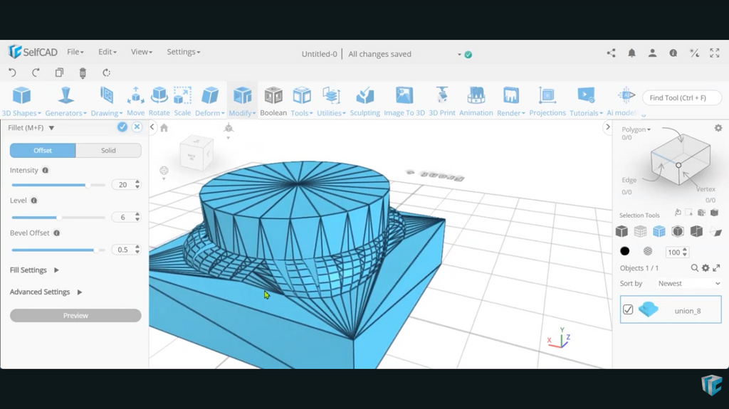 The Fillet tool in Offset mode applied to a complex 3D object in SelfCAD.