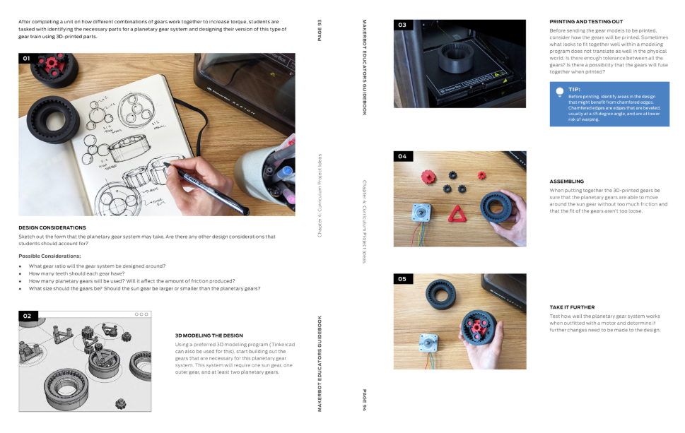 A collage of pages from the MakerBot Educator's Guidebook displaying project components, design sketching, and step-by-step hands-on assembly guides