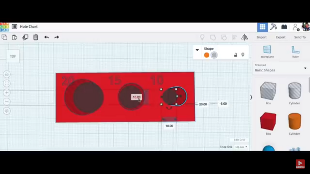A user designing a 3D test model in Tinkercad featuring a rectangular block with three circular holes labeled 20, 15, and 10 millimeters.