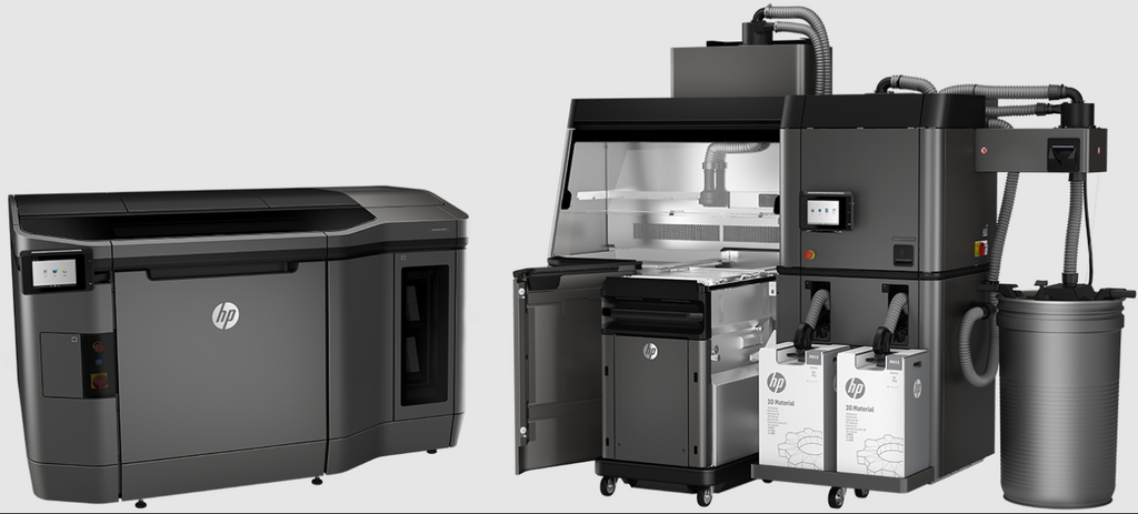An industrial HP Multi-Jet Fusion (MJF) 3D printing system, featuring the main printer alongside its processing station and powder containers.