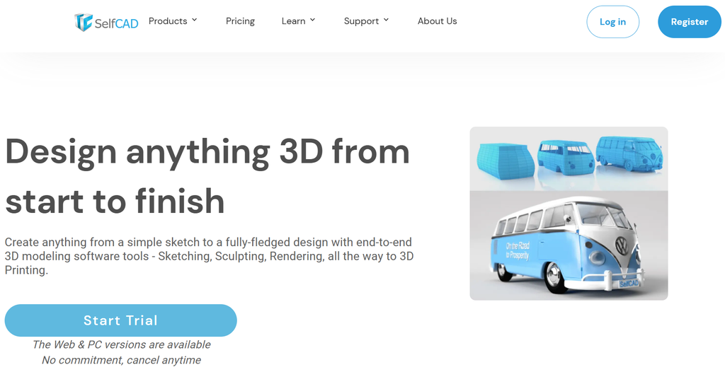 SelfCAD website homepage showcasing 3D-designed Volkswagen vans.