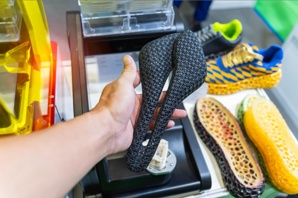 Hand holding a 3D printed lattice bike saddle beside prototype shoe soles