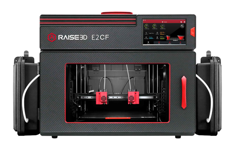 A front view of the professional, enclosed Raise3D E2CF desktop 3D printer featuring dual extruders.  
