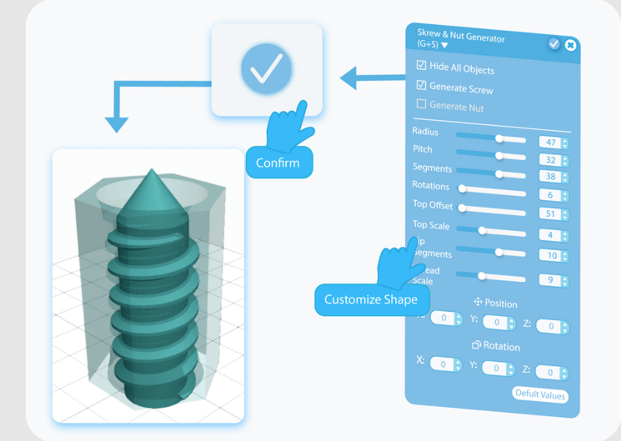 Customizing thread profiles including pitch, radius, and segment dimensions using parametric sliders in SelfCAD
