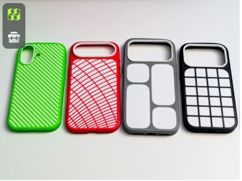 Lineup of colorful 3D printed TPU cases for iPhone 17 models featuring varied textured back panels