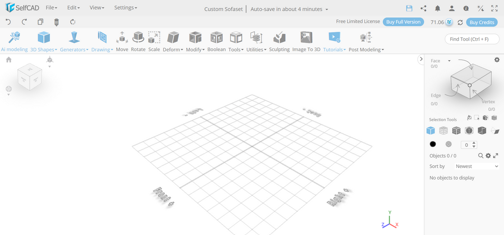 SelfCAD 3D modeling workspace showing an empty grid plane and top toolbar