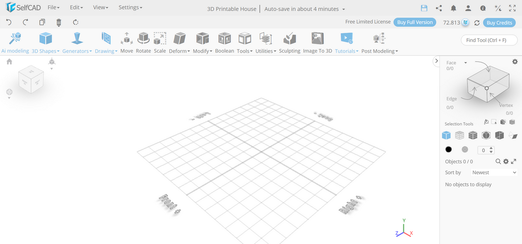 SelfCAD 3D modeling workspace displaying an empty grid plane and toolbar