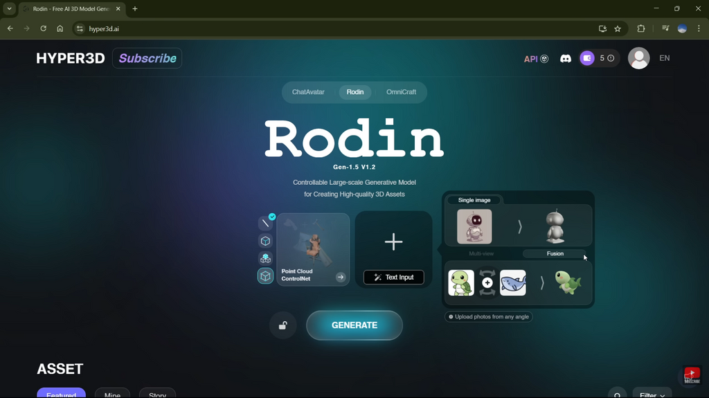 Side profile view of an AI-generated 3D character model being reviewed inside the Rodin workspace