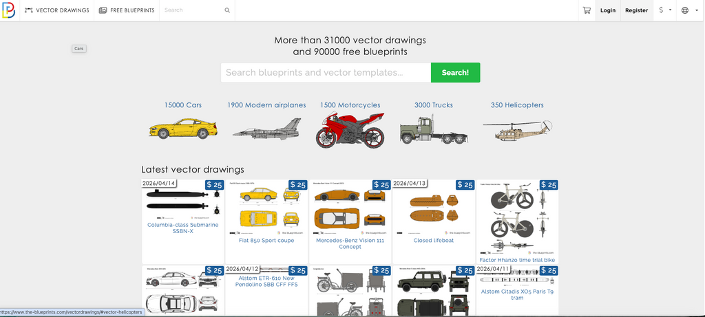 The Blueprints homepage featuring orthographic references and vector drawings for vehicles and aircraft