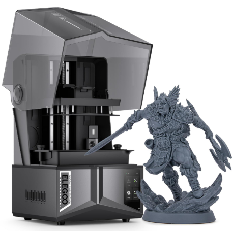 Elegoo Saturn 4 Ultra resin 3D printer beside a detailed printed warrior miniature