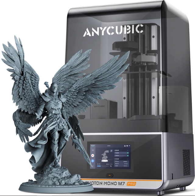 Anycubic Photon Mono M7 Pro 14K resin printer beside an intricate winged paladin statue