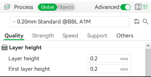 Recommended 0.20mm standard layer height settings for PLA within the Bambu Studio slicer interface.