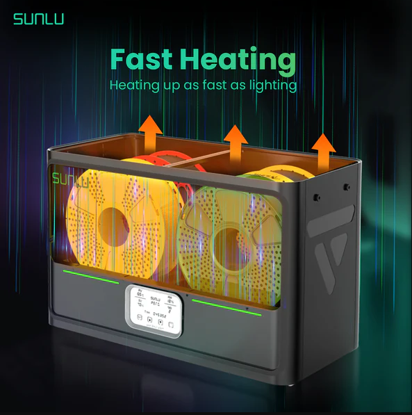 A specialized dual-spool filament dryer box with two yellow filament spools inside