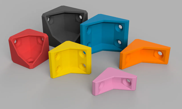 A collection of colorful, 3D printed triangular replacement corner bracket