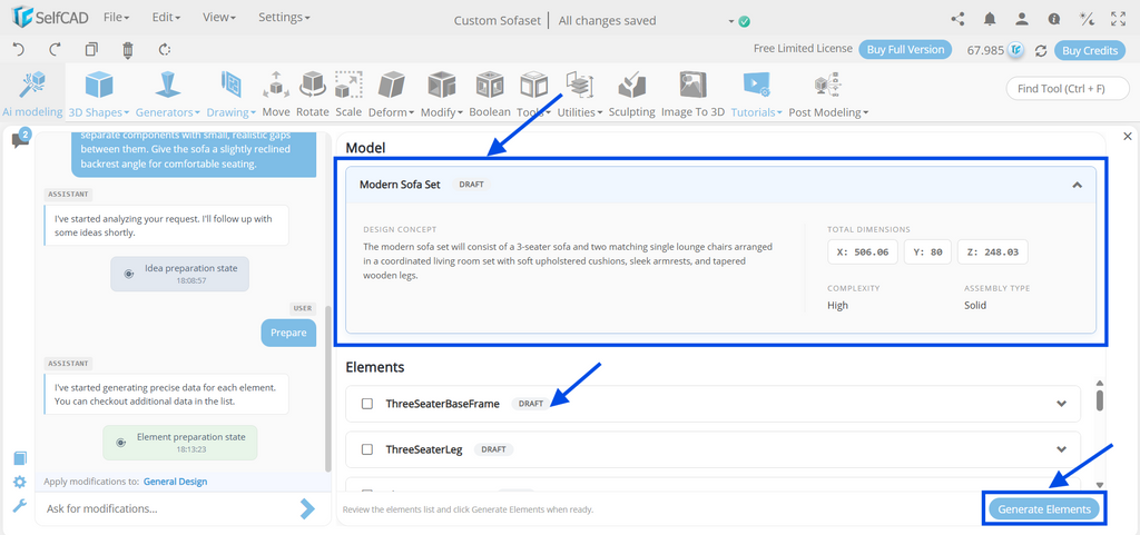 SelfCAD popup window showing the Preparing Elements loading status