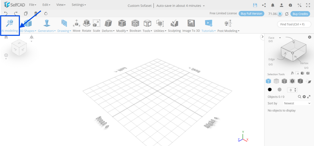 SelfCAD toolbar highlighting the AI modeling tool button with a blue arrow