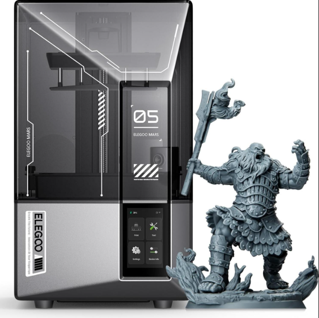 Elegoo Mars 5 Ultra resin printer standing beside a detailed barbarian figurine