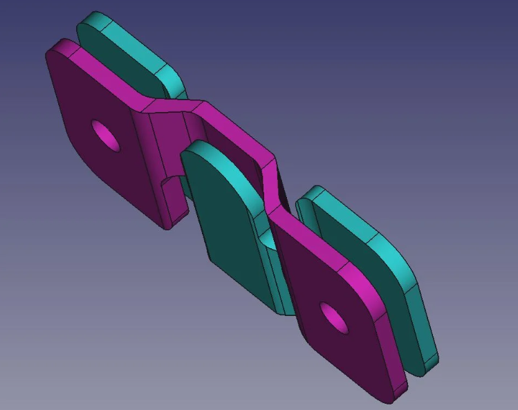 A 3D CAD render showing a purple and teal 3D printed interlocking hook mechanism designed for invisible, flush wall mounting.