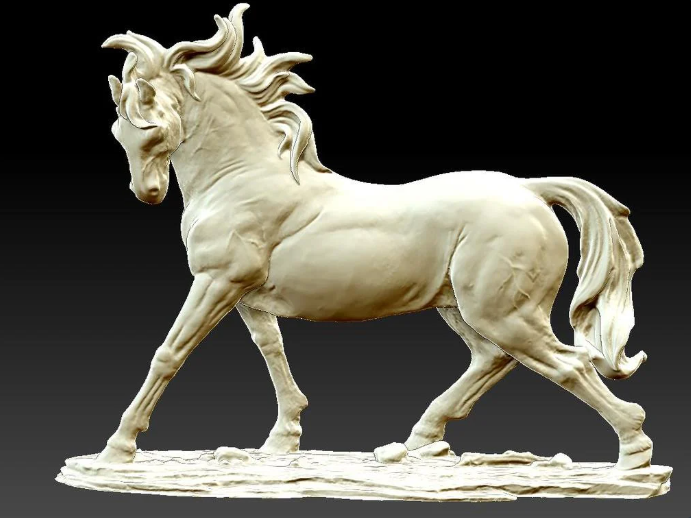 A realistic, white 3D-printed standing horse sculpture. 