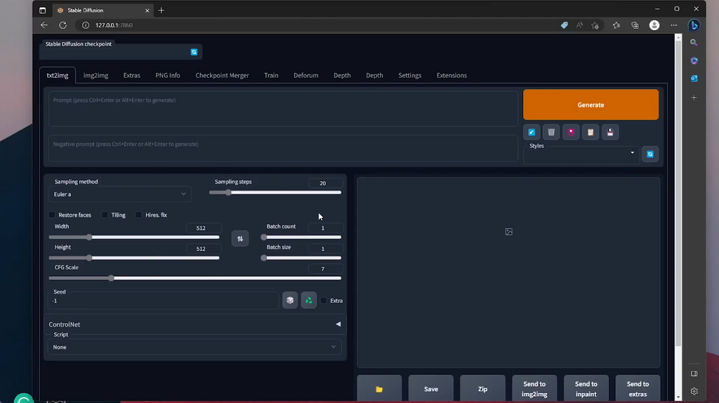 The main user interface dashboard of Stable Diffusion used for AI image generation