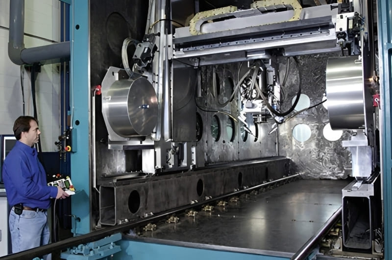 An operator controlling the Sciaky EBAM 300 electron beam additive manufacturing machine, showcasing its massive internal build envelope.