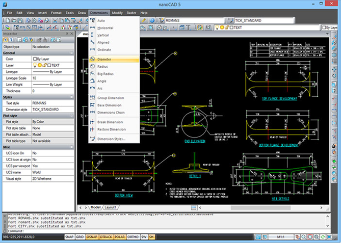 A classic desktop CAD interface of nanoCAD Free displaying a detailed mechanical drawing with various menus and toolbars.