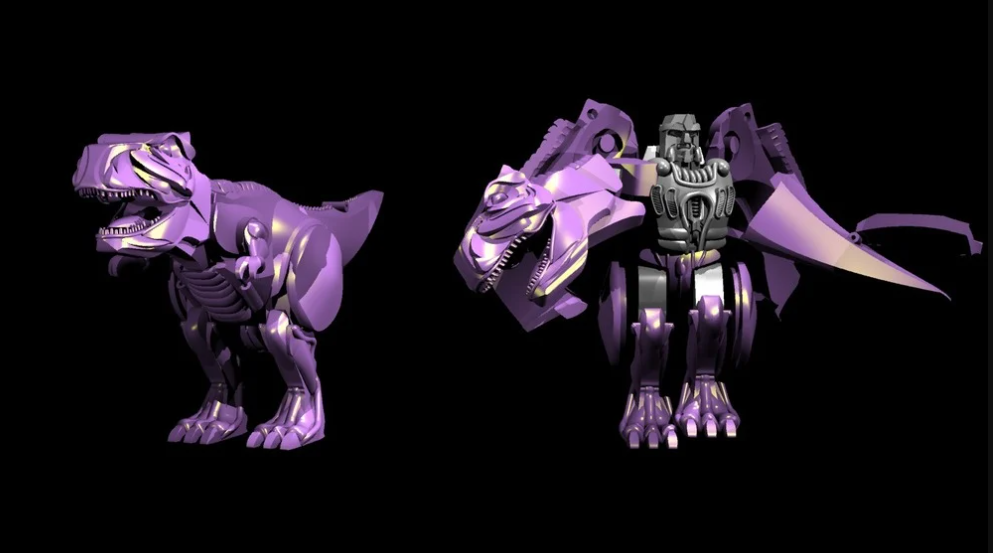 A purple 3D printed model of Predacon Megatron from Beast Wars, shown in both its robotic and fearsome T-Rex forms.