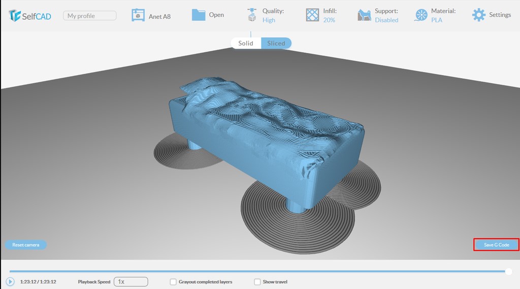 The SelfCAD online slicer interface showing a blue sliced model with a "Save G Code" button.  