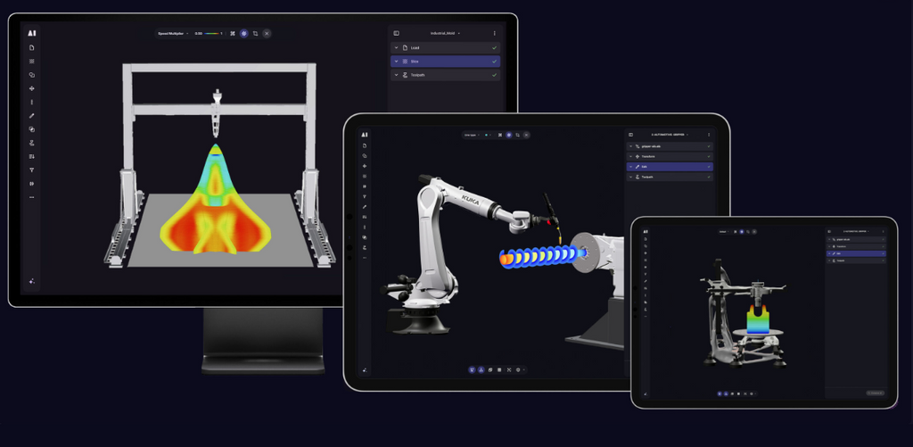 Multiple digital screens showing real-time simulations of robotic toolpaths and additive manufacturing workflows.