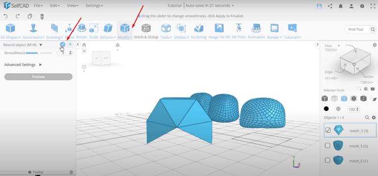 SelfCAD viewport showing the Round Object tool smoothing a faceted polygon into organic shapes
