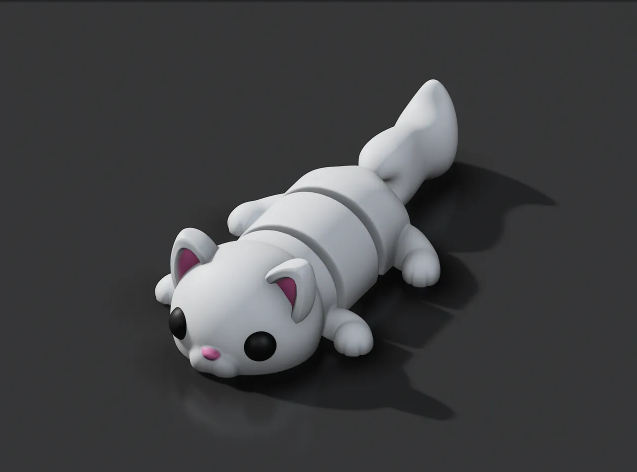 A cute, white 3D printed articulated cat toy with segmented body parts for flexible movement, featuring black eyes and a pink nose