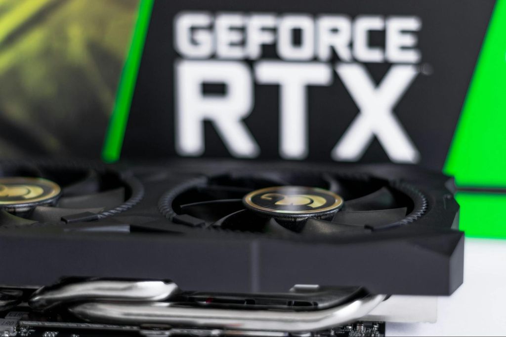 A close-up view of a GeForce RTX graphics card used for local 3D rendering