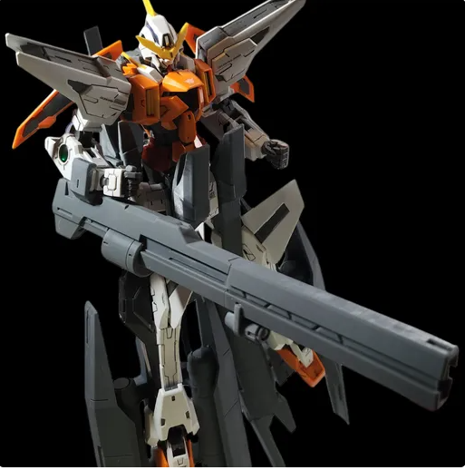 A detailed 1/100 scale 3D-printed Gundam Kyrios GUST conversion kit model holding a large grey weapon.