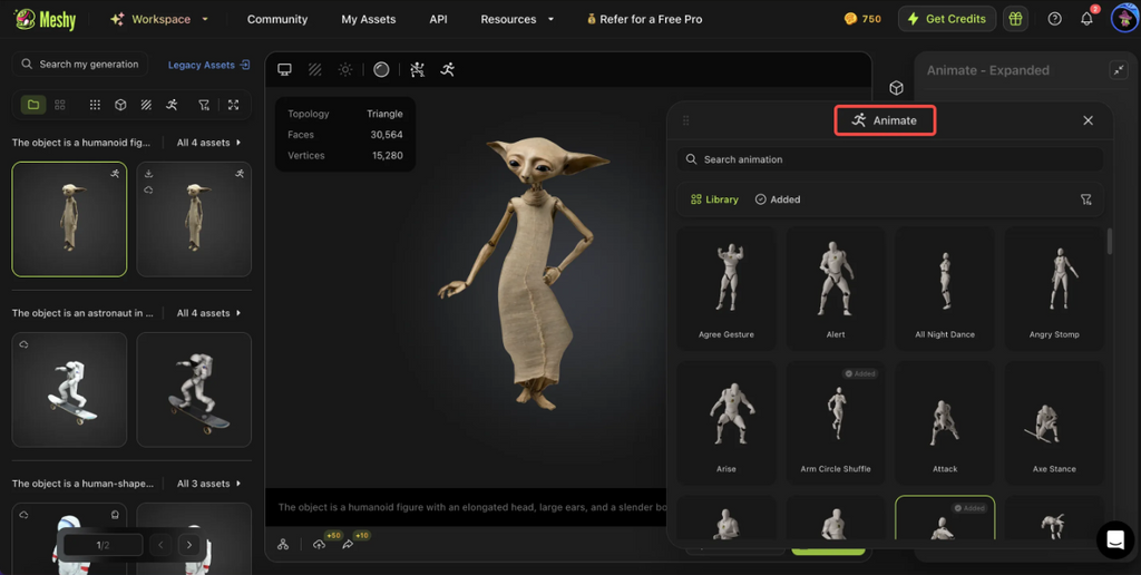 Meshy AI animation interface showing a rigged character with various automated gesture options.