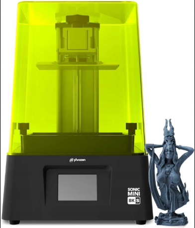 Phrozen Sonic Mini 8K S resin 3D printer next to an intricate fantasy bust miniature