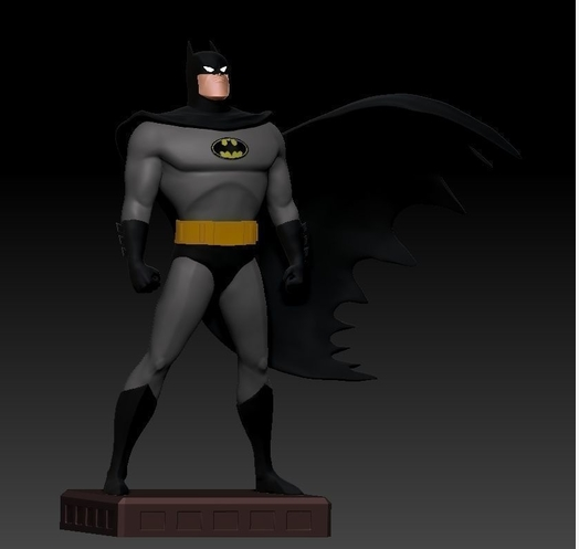 A digital 3D model of a classic comic book-style Batman figure standing on a base, found on the Pinshape platform.