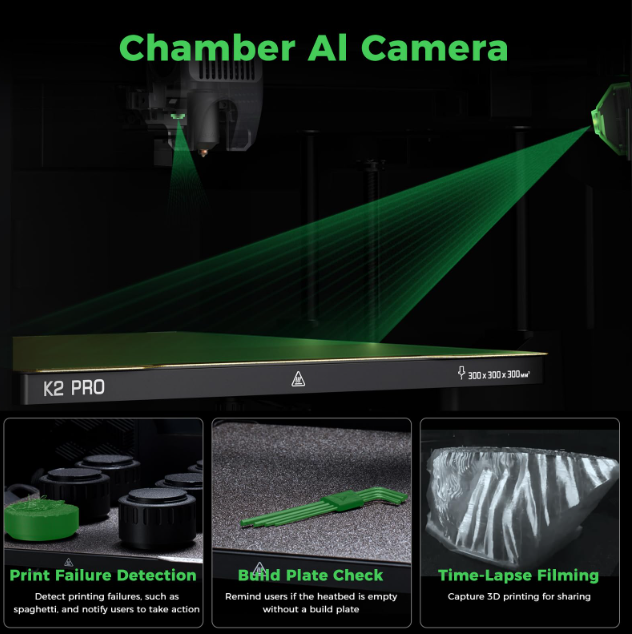 A graphic showcasing the Creality K2 Pro Chamber AI Camera scanning the print bed with a green light.  