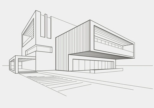 Clean, digital 2D architectural line sketch of a modern house, optimized for AI 3D rendering input.