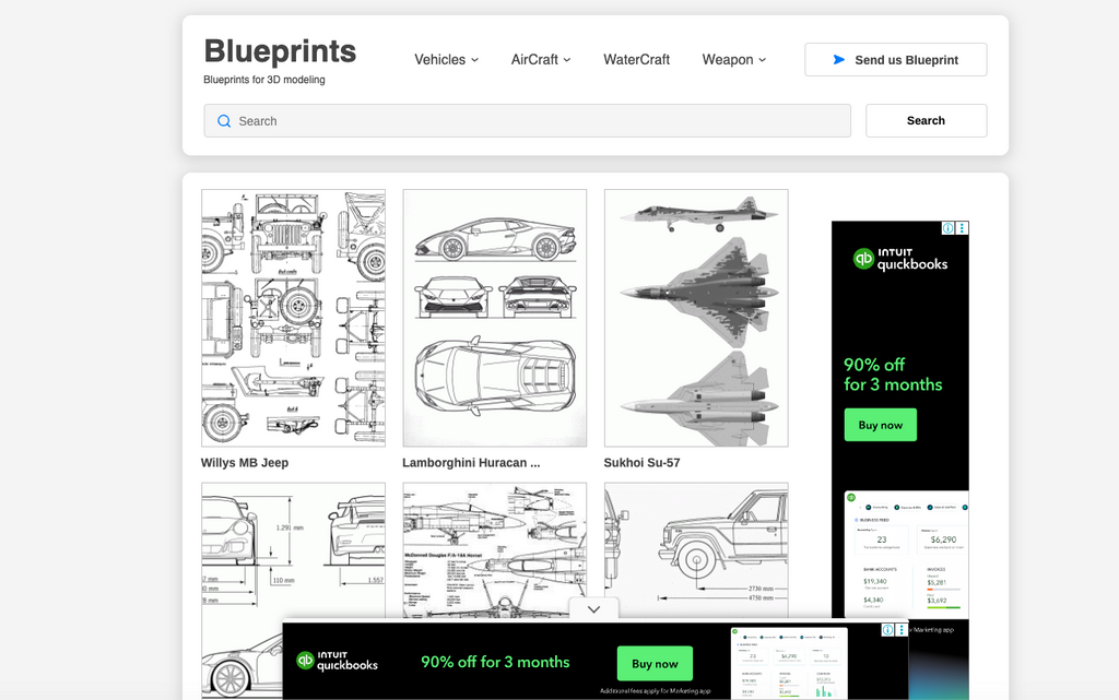 Drawing Database website showing clean technical drawings for hard surface modeling